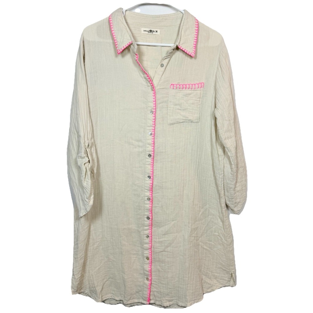 Natural Life Lola Gauze Dress Boho Cotton Tunic Neon Stitch Beige‎ M Whipstitch